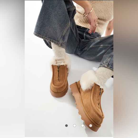 Sheepskin Wool Collar Zipper Platform Mini Ankle Boots - Picture 1 of 13